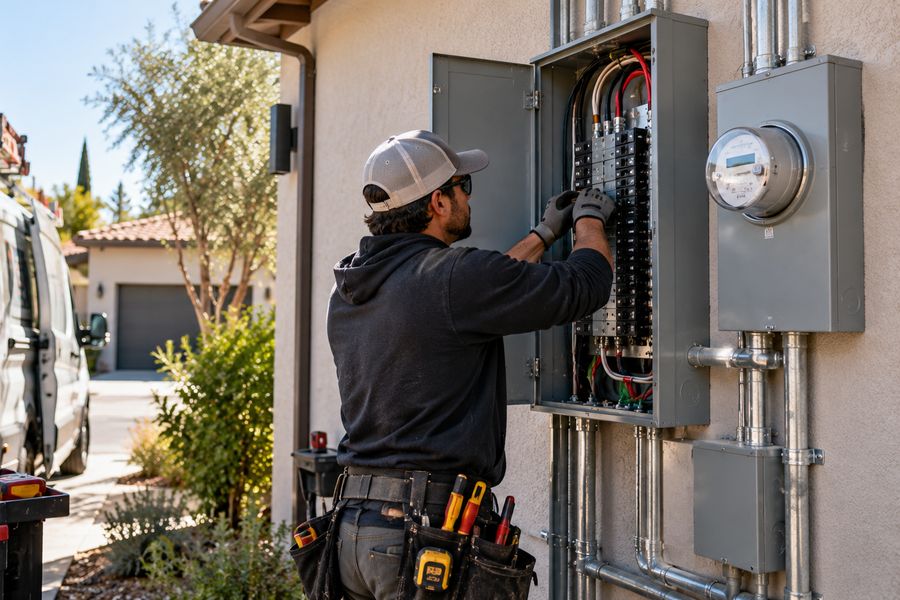 Electrician working in a residential service panel next to the meter, with a service van in the background