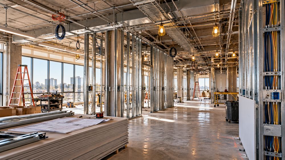 Commercial tenant space under build-out with metal stud framing, cable tray, and wiring in the walls
