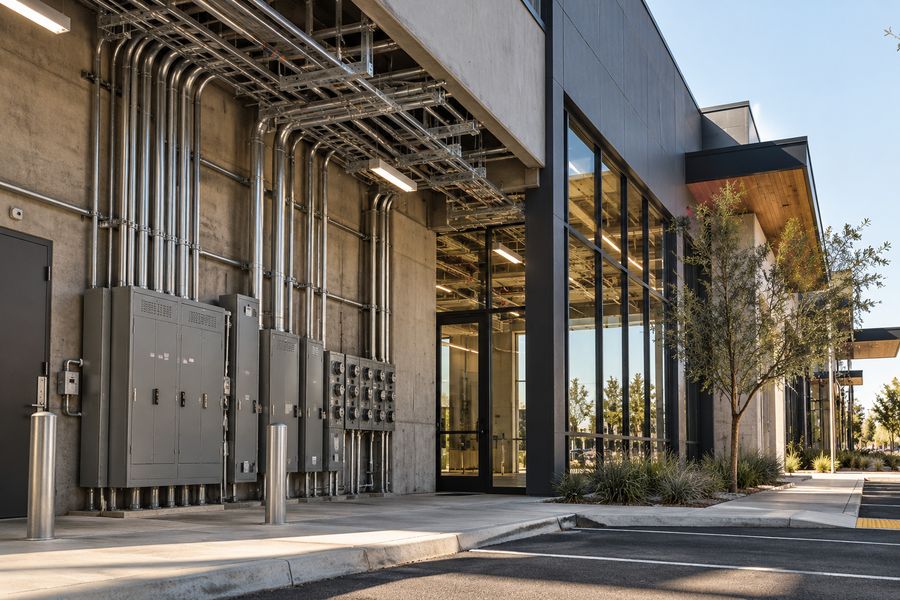 Commercial building exterior with conduit runs, cable tray, and electrical service gear