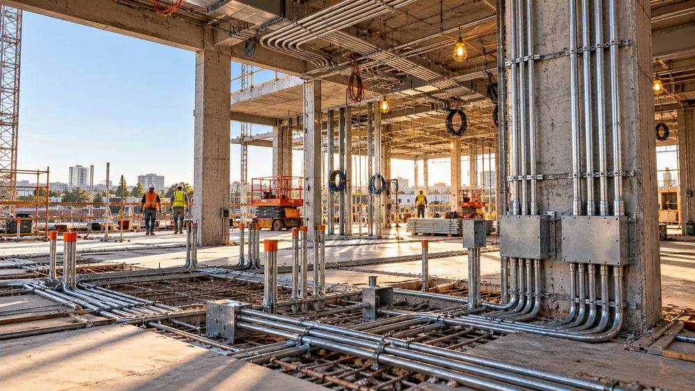 New concrete building under construction with underground conduit runs, stub-ups, and pull boxes