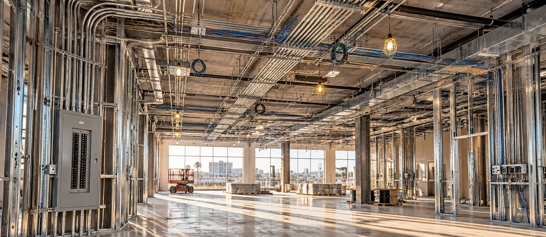Commercial tenant space under build-out with conduit, cable tray, and a distribution panel