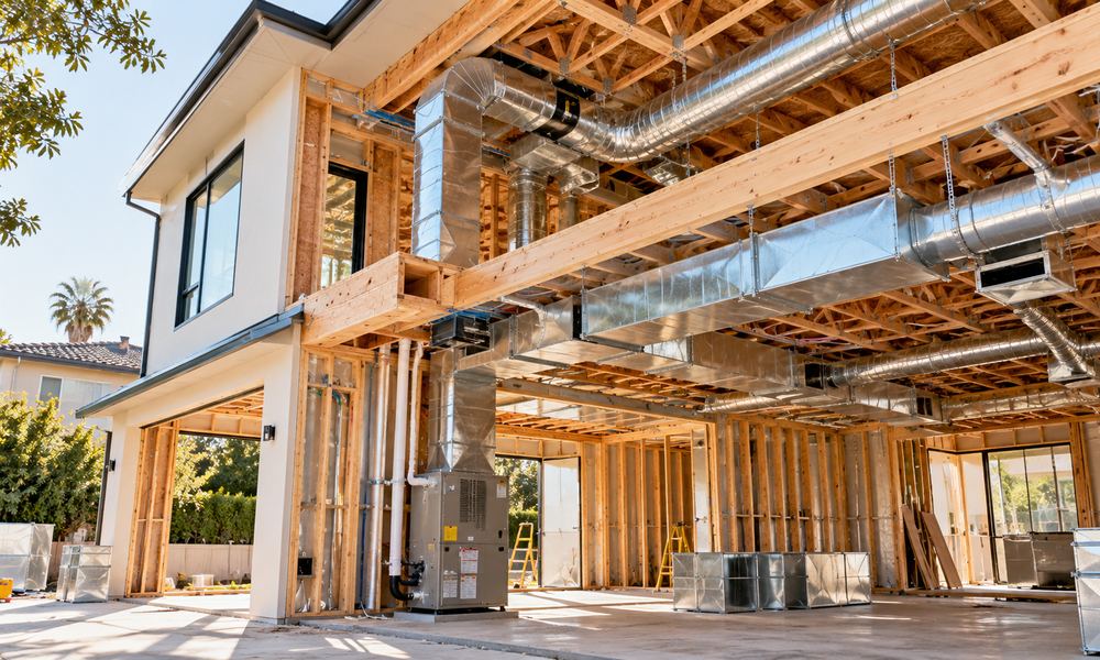 Residential build-out with ductwork and an air handler installed in the framing