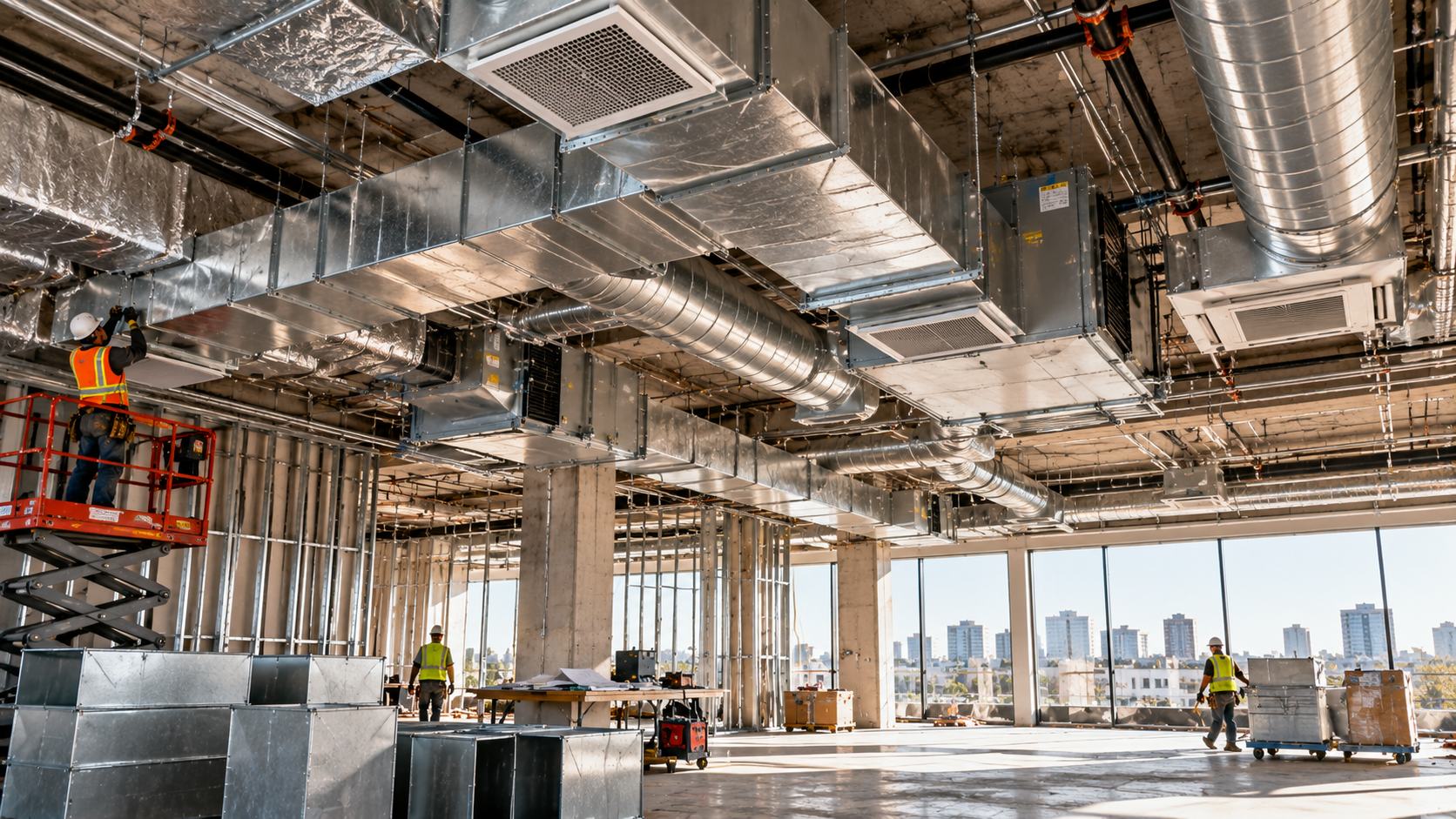 Commercial build-out with ductwork and air handlers hung from the ceiling