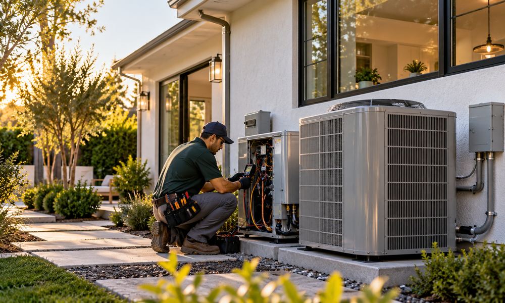 Technician servicing an outdoor air conditioning unit at a home