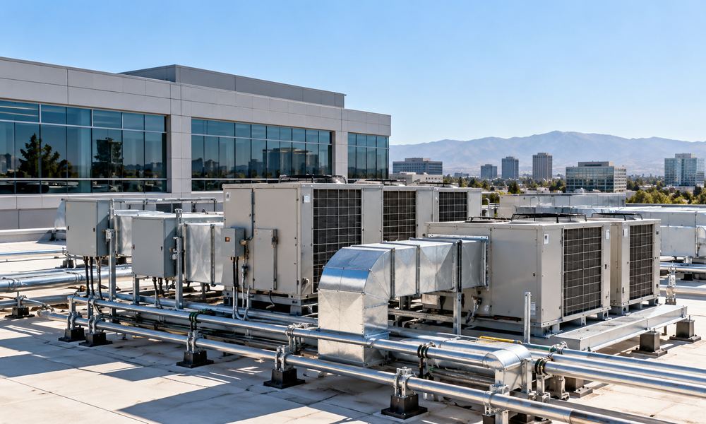 Rooftop air handlers, condensing units, and piping on a commercial office building