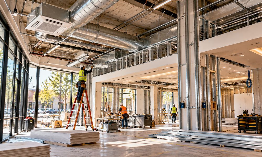 Tenant space build-out with ductwork and a ceiling cassette unit being installed