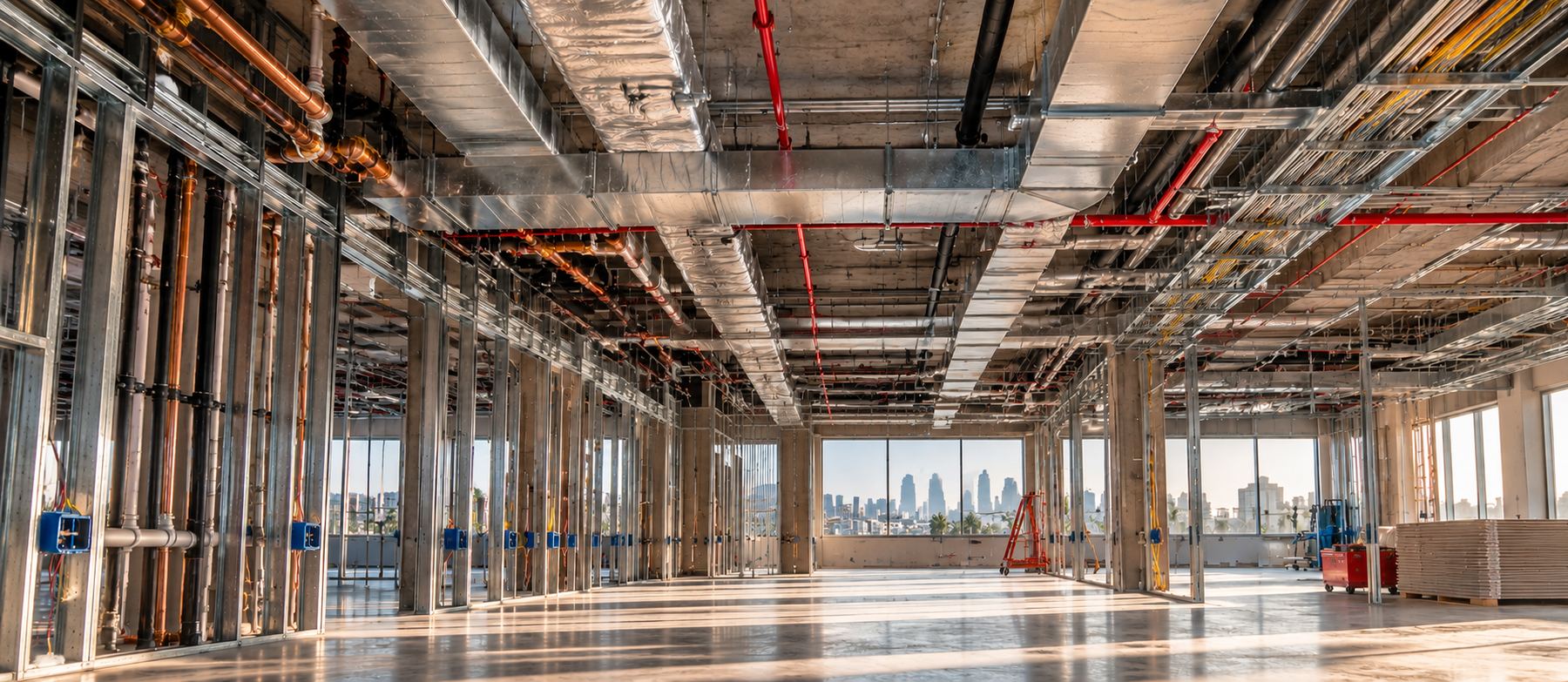 Commercial building under construction with plumbing, ductwork, and fire sprinkler lines