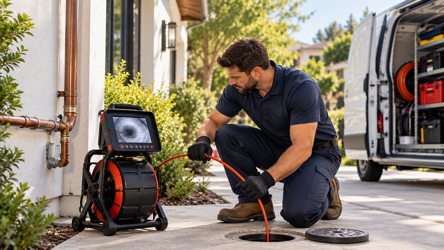 Technician running a sewer camera inspection at a home with service van in the background